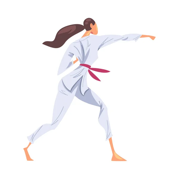 Kobieta Karate Fighter Postać w białym Kimono robi karate Japonia sztuki walki Styl kreskówki Wektor Ilustracja — Wektor stockowy