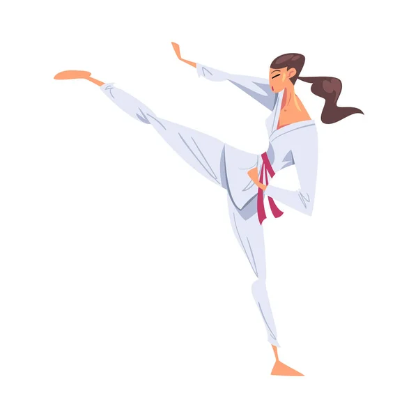 Dziewczyna Karateka robi potężne kopnięcie, Karate Fighter Character w białym Kimono praktyki Tradycyjna Japonia sztuki walki Styl kreskówek Wektor ilustracji — Wektor stockowy