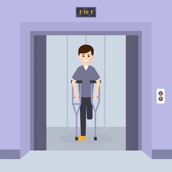 Один лежачий молодий чоловік з ампутованою ногою стоїть з милицями в ліфті мультфільм Векторні ілюстрації — стоковий вектор