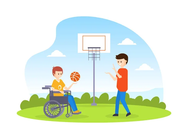 Behinderter Basketballspieler mit Beinprothese beim Basketball mit seinem Freund, Behinderter beim Sport im Freien Cartoon Vector Illustration — Stockvektor