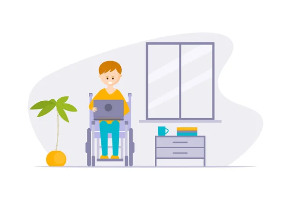 Giovane disabile uomo in sedia a rotelle utilizzando computer portatile a casa fumetto vettoriale illustrazione — Vettoriale Stock