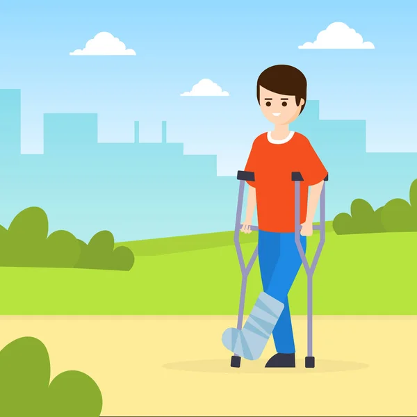 Людина на милицях з розбитою ногою ходьба в парку на відкритому повітрі мультфільм Векторні ілюстрації — стоковий вектор