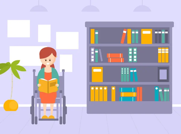 Giovane donna disabile in sedia a rotelle lettura libro a casa fumetto vettoriale illustrazione — Vettoriale Stock