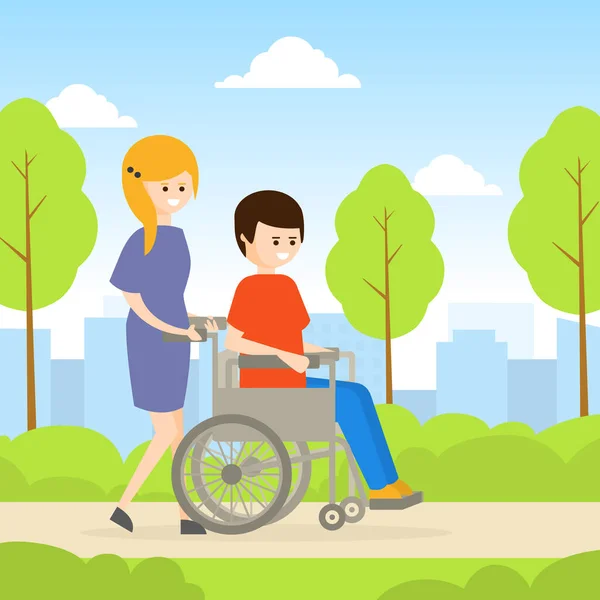 Mulher jovem passeando com o homem com deficiência em cadeira de rodas, pessoa com deficiência e voluntário ou amigo ajudá-lo Cartoon Vector Ilustração — Vetor de Stock