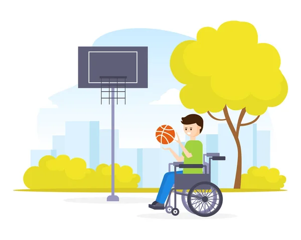 Giovane uomo disabile in sedia a rotelle che gioca a basket all'aperto, assistenza sanitaria e accessibilità Concept Cartoon Vector Illustrazione — Vettoriale Stock