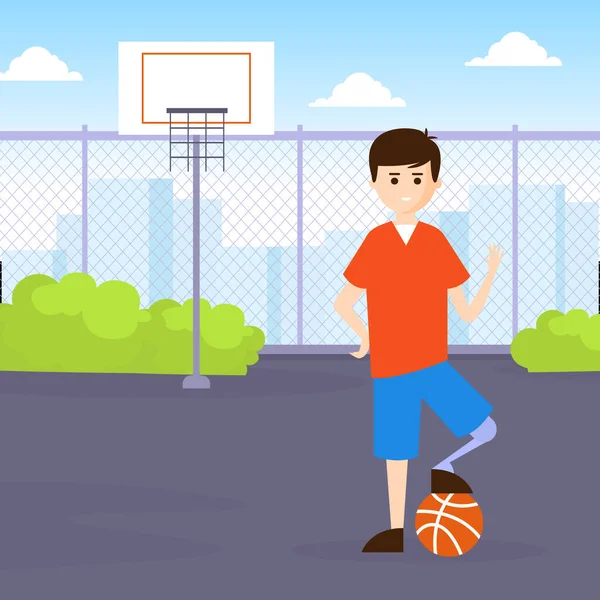 Молодой человек с протезной ногой играет в баскетбол, инвалид занимается спортом на открытом воздухе Мультфильм векторная иллюстрация — стоковый вектор