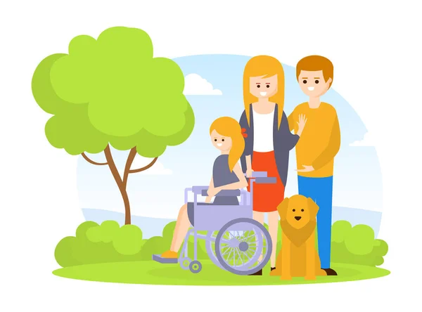 Famille et fille handicapée marchant à l'extérieur, Fille handicapée en fauteuil roulant avec sa mère et son père heureux, Aide aux personnes handicapées Illustration vectorielle de bande dessinée — Image vectorielle