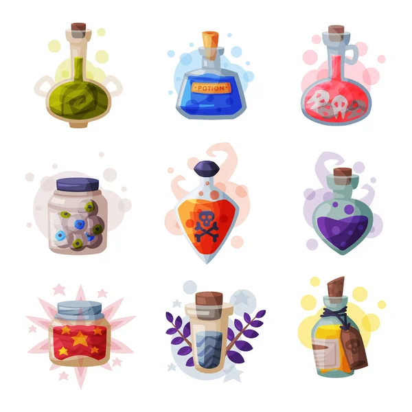 Set di bottiglie magiche di pozione, oggetti magici occulti per rituali mistici Illustrazione vettoriale in stile cartone animato — Vettoriale Stock