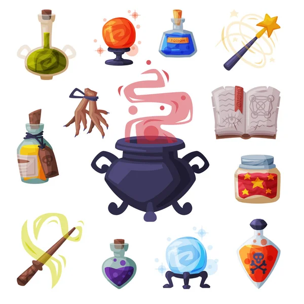 Collection of Occult Magic Objects for Mystic Rituals, Witchcraft Equipment, Cauldron, Book, Bottle of Magical Potion, Wand, Cartoon Style Vector Illustration — Stock Vector