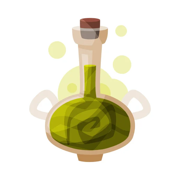 Bouteille transparente de potion verte, objet magique occulte pour illustration vectorielle de style dessin animé mystique — Image vectorielle