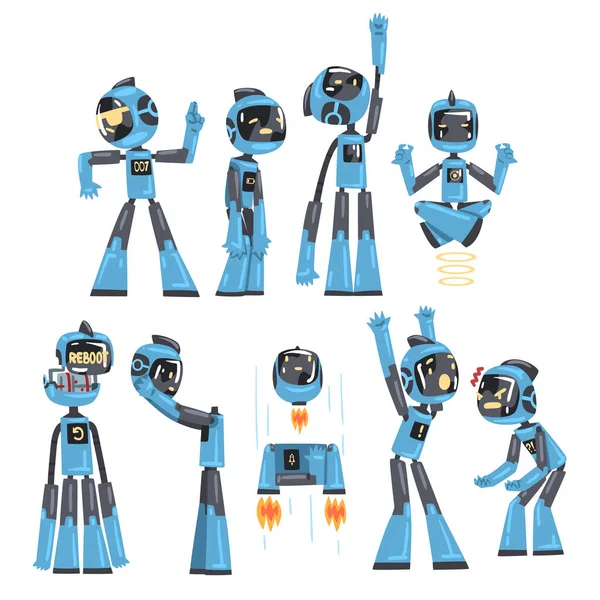 Friendly Robots Set, Funny Robotics Karakter különböző helyzetekben, mesterséges intelligencia koncepció Rajzfilm stílus vektor illusztráció — Stock Vector