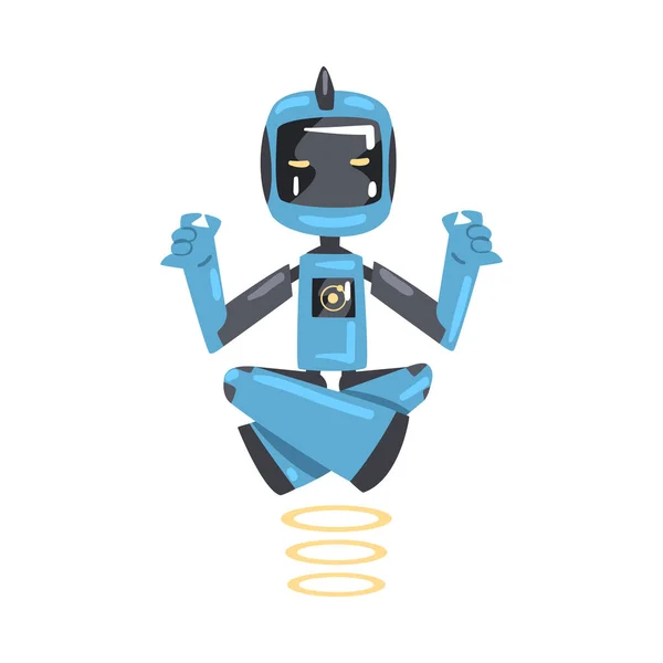 Robot Amistoso Meditando Volando sobre el Piso, Lindo Personaje Asistente Robótico Personal, Concepto de Inteligencia Artificial Estilo de Dibujos Animados Vector Ilustración — Archivo Imágenes Vectoriales