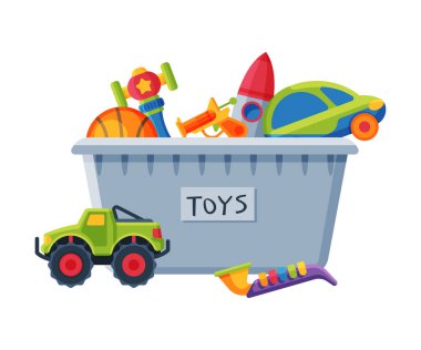 Çeşitli Renkli Oyuncaklarla Kutu, Plastik Konteynır Kamyon, Araba, Saksafon, Roket, Silah Düz Vektör İllüstrasyonu
