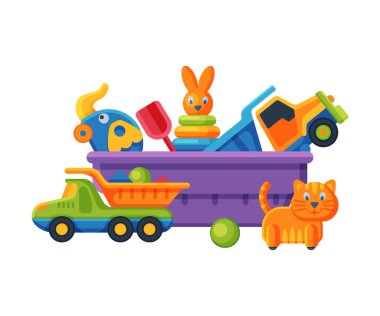 Çeşitli Renkli Oyuncaklarla Kutu, Piramitli Plastik Konteynır, Tekerlekli Kedi ve Fil, Kamyon, Kürek, Top, Düz Vektör Resimleri