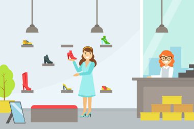 Raflarda Kız Seçimi ve Bying Ayakkabıları, Kadın Ayakkabıları Satıcı ve Müşteri ve Ayakkabıları Düz Vektör İllüzyonu