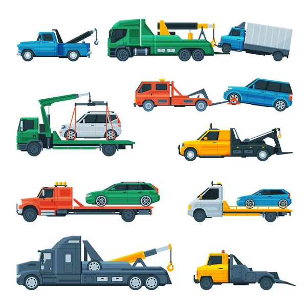 Tow Trucks Set, Evacuation Vehicles Transporting Cars, Road Assistance Service, Side View Flat Vector Illustration — стоковий вектор