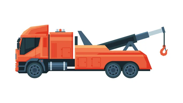 Camion di rimorchio rosso, veicolo di evacuazione, servizio di assistenza stradale, illustrazione piatta del vettore della vista laterale — Vettoriale Stock