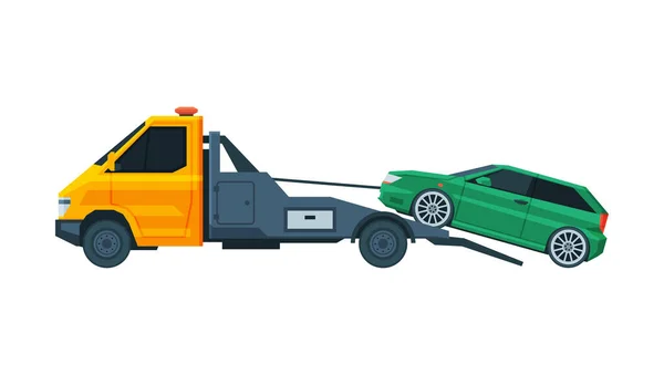 Green Car Evacuating by Tow Truck, Road Assistance and Evacuation Service Flat Vector Illustration — Stock Vector