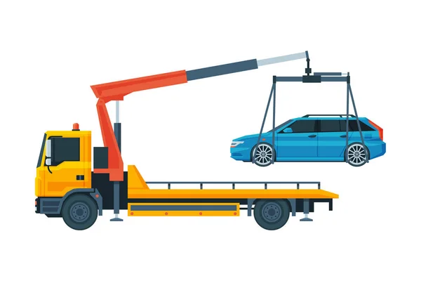 Tow Truck Evacuating Blue Car, Road Assistance and Evacuation Service Flat Vector Illustration — Stock Vector