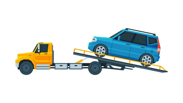 Blue Car Evacuating on Tow Truck, Roadside Assistance Service Flat Vector Illustration — Stock Vector