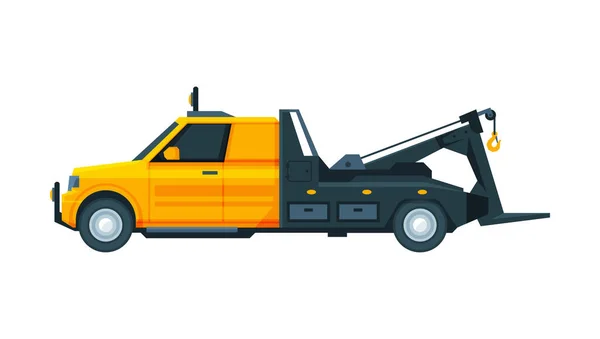 Caminhão de reboque amarelo, assistência rodoviária e serviço de evacuação ilustração vetorial plana — Vetor de Stock
