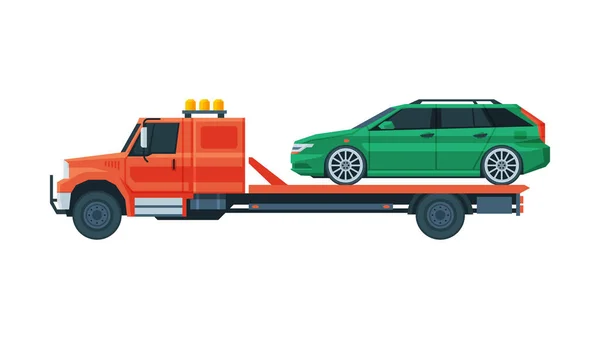 Zielony samochód transportowy na lawecie, Pomoc drogowa płaski wektor Ilustracja — Wektor stockowy