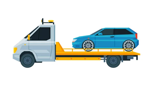 Kék autó szállítása vontatóval, Útmenti Segélyszolgálat Lapos vektor illusztráció — Stock Vector