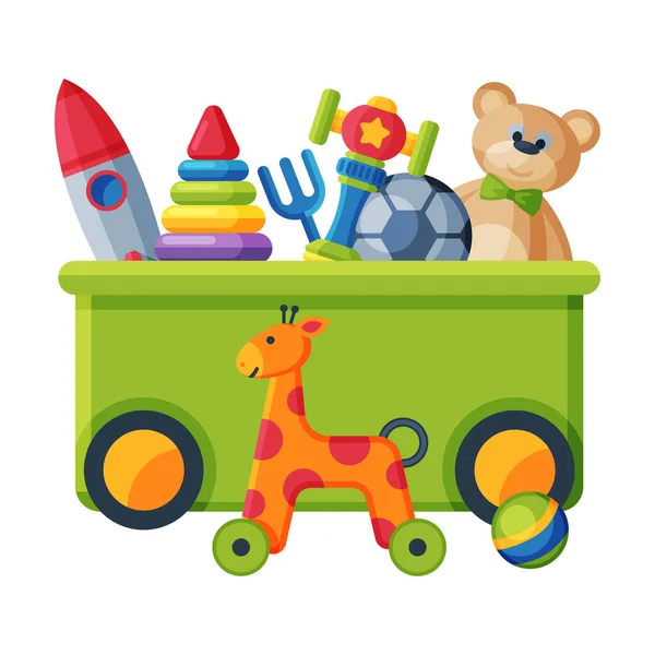 Caja con varios juguetes coloridos, contenedor de plástico con pizarra, jirafa, pirámide, bola, jirafa sobre ruedas, ilustración plana del vector del cohete — Vector de stock