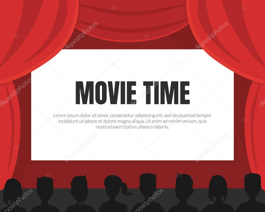 Movie Time Background with Space for Text, Cinema Red Curtains and Silhouettes of Viewers Vector Illustration