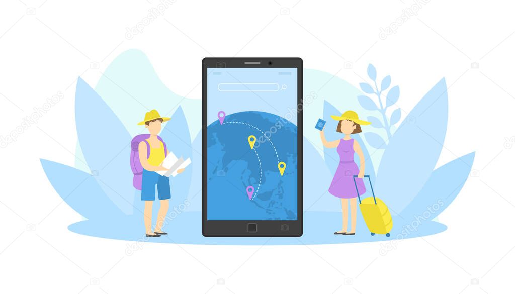 Male and Female Tourists with Luggage Standing in front of Giant Smartphone and Choosing Trip for their Vacation Vector Illustration