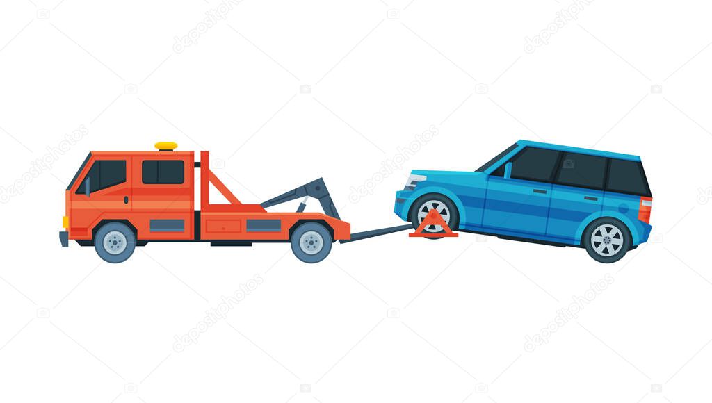 Tow Truck Evacuating SUV Car, Road Assistance and Evacuation Service Flat Vector Illustration