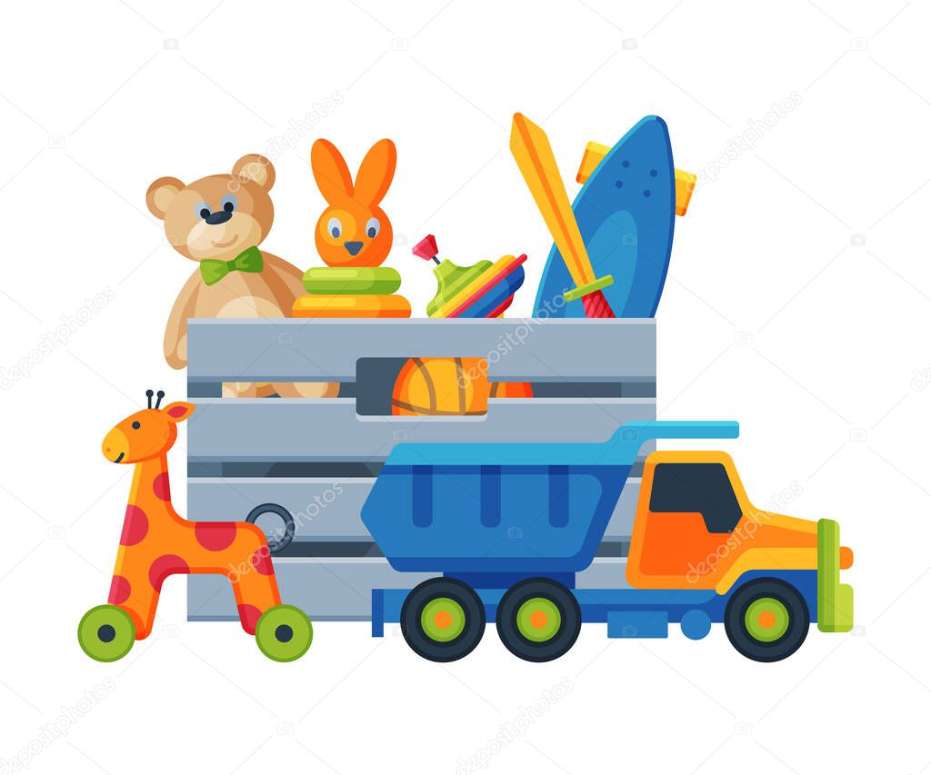 Box with Various Colorful Toys, Plastic Container with Truck, Teddy Bear, Scateboard, Pyramid, Giraffe on Wheels Flat Vector Illustration
