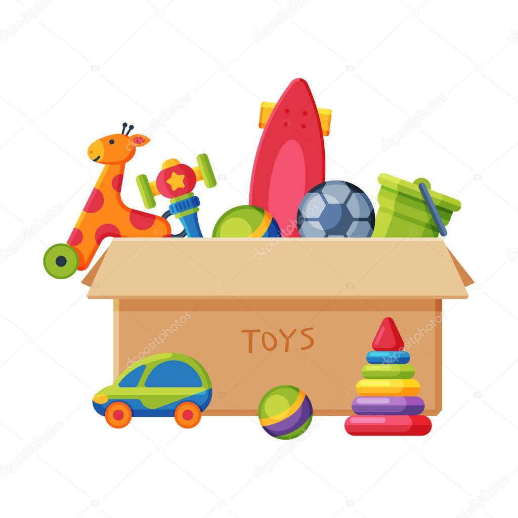 Cardboard Box with Various Colorful Toys, Plastic Container with Scateboard, Giraffe, Pyramid, Ball, Giraffe on Wheels Flat Vector Illustration