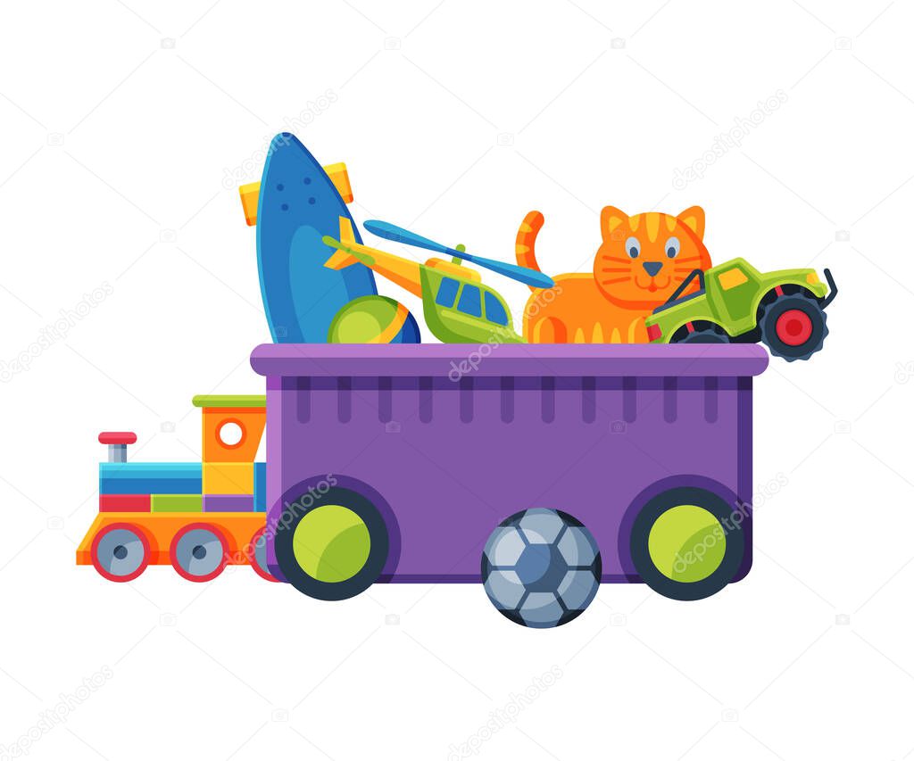 Box with Various Colorful Toys, Plastic Container with Cat on Wheels, Truck, Train, Ball, Scateboard Flat Vector Illustration