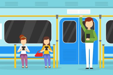 Metro Treninde Akıllı Telefonlar Kullananlar, Toplu Taşıma Çizgi Filmi Vektör İllüstrasyonunda Kullananlar