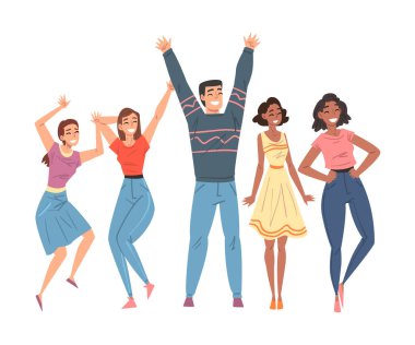 Mutlu Gülümseyen İnsanlar Seti, Neşeli Adam ve Kız Karakterleri Birlikte Eğlenceli Çizgi Film Stili Vektör İllüzyonu