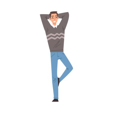 Gülümseyen, gülümseyen, ellerini başının üstüne atan genç adam, günlük kıyafetlerle mutlu insan karakteri çizgi film stili illüstrasyon.