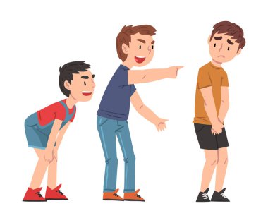 Üzgün Çocuk Başkaları Tarafından Zorbalığa Uğraşıyor, İki Çocuk Alay Ediyor, Gülüyor ve Onu İşaret Ediyor, Okulun Sorunlu Çizgi Film Çizgi Roman Tarzı İllüstrasyonunda Alay ve Zorbalık Ediyor