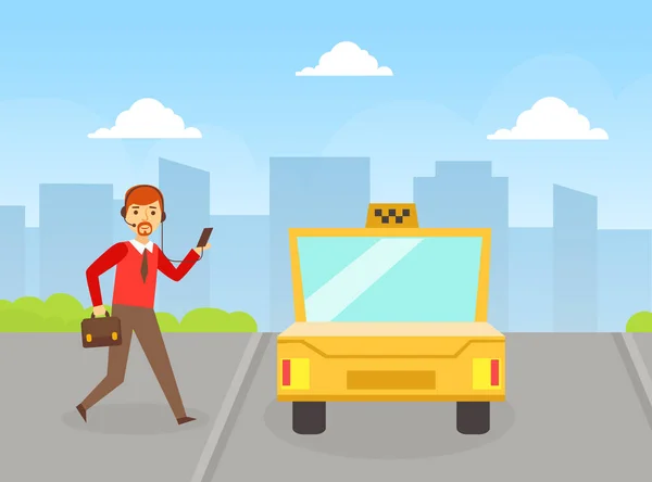 El hombre que llama al taxi usando la aplicación móvil, concepto de servicio de taxi en línea ilustración vectorial de dibujos animados — Vector de stock