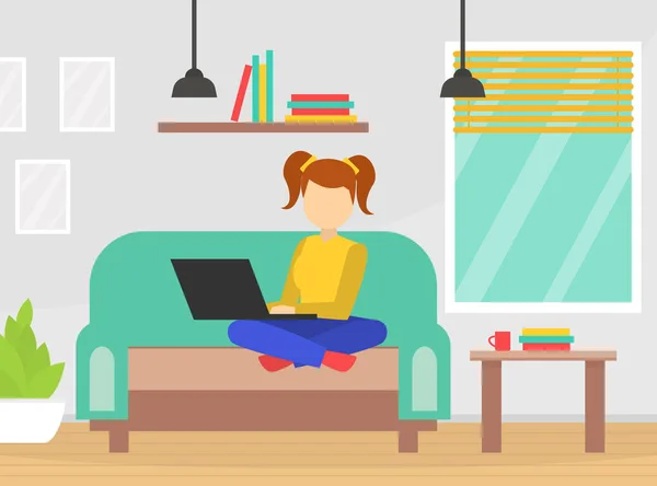 Chica adolescente sentada en un sofá usando una computadora portátil, concepto de adicción a los gadgets ilustración vectorial de dibujos animados — Vector de stock