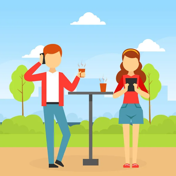 Young Man and Woman Using Smartphone while Standing at Table in Cafe Outdoor, Gadget Addiction Concept Cartoon Vector Illustration — 스톡 벡터