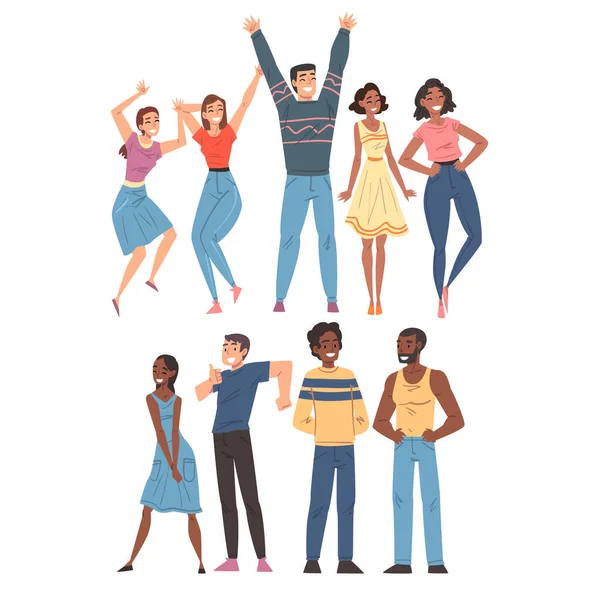 Conjunto de personas sonrientes alegres, hombres y mujeres jóvenes felices en ropa casual Dibujos animados Estilo Vector Ilustración — Archivo Imágenes Vectoriales