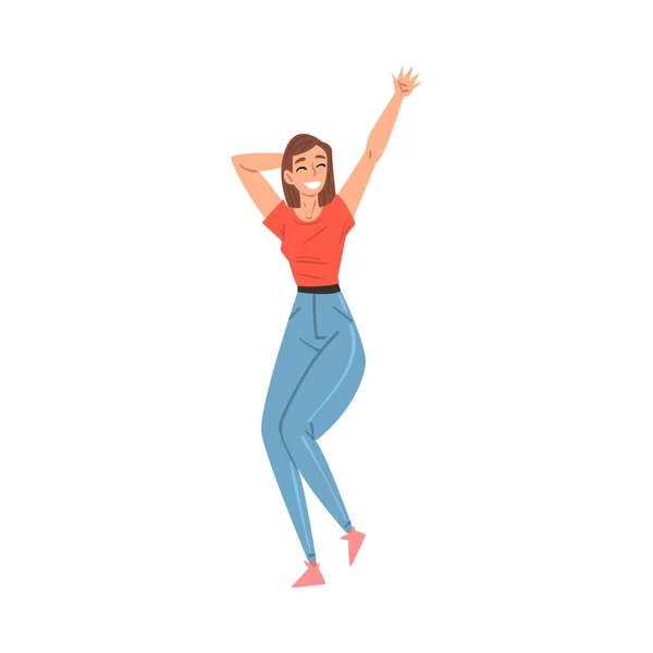 Fröhlich lächelnde Frau, die Spaß hat, Charakter einer glücklichen Person in lässiger Kleidung Cartoon-Stil Vector Illustration — Stockvektor
