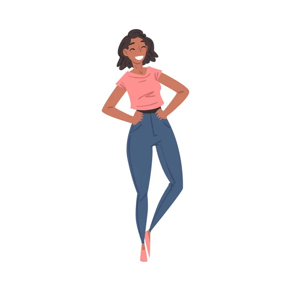 Joven sonriente alegre, personaje de chica feliz en ropa casual Dibujos animados Estilo Vector Ilustración — Archivo Imágenes Vectoriales