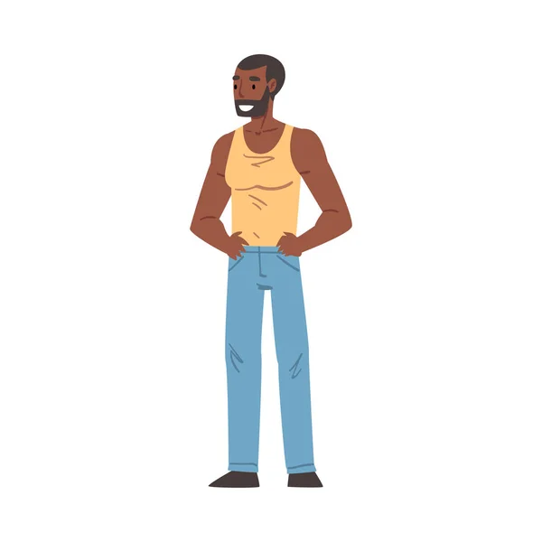 Wesoły Uśmiechnięty Afroamerykanin, Happy Person Character in Casual Clothes Cartoon Style Wektor Ilustracja — Wektor stockowy