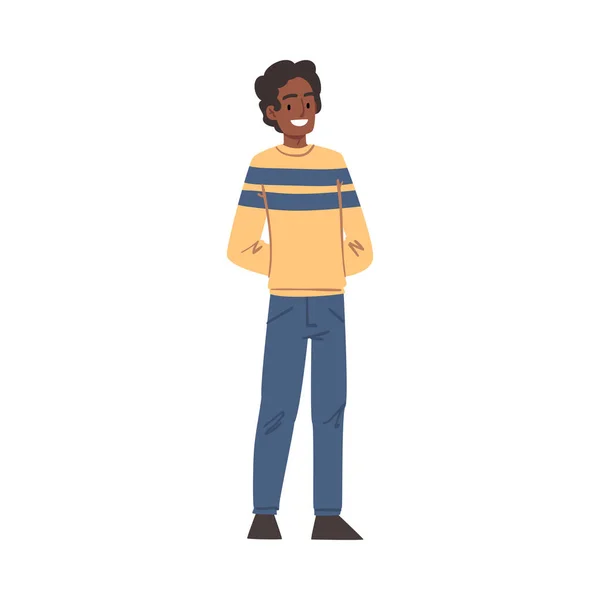 Joven sonriente hombre afroamericano, personaje de persona feliz en ropa casual Dibujos animados Estilo Vector Ilustración — Vector de stock