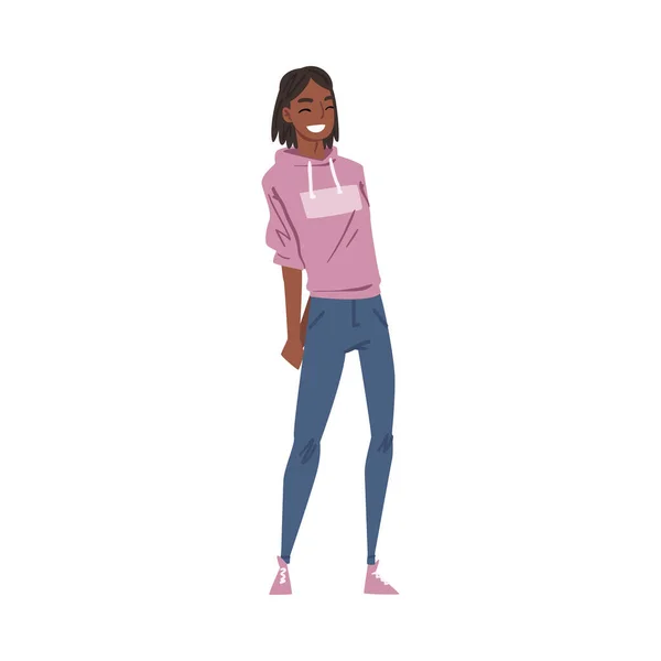 Ragazza sorridente allegra, personaggio persona felice che indossa jeans e felpa con cappuccio Illustrazione vettoriale stile cartone animato — Vettoriale Stock