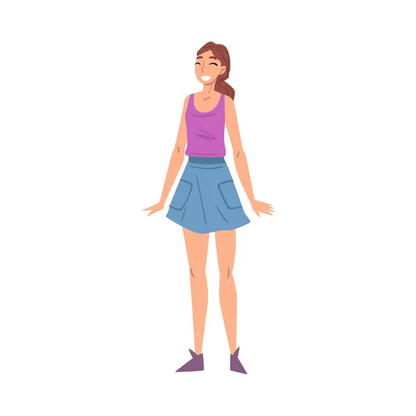 Veselý úsměv dívka, šťastná osoba postava nosí sukně a nádrž Top karikatura styl vektorové ilustrace — Stockový vektor