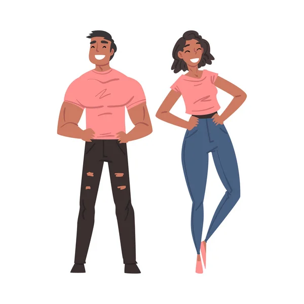 Feliz sorrindo casal, alegre cara e menina personagens se divertindo juntos desenho animado estilo vetor ilustração — Vetor de Stock