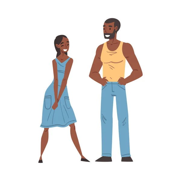 Alegre sorrindo casal afro-americano, feliz cara e menina personagens se divertindo juntos desenho animado estilo vetor ilustração — Vetor de Stock